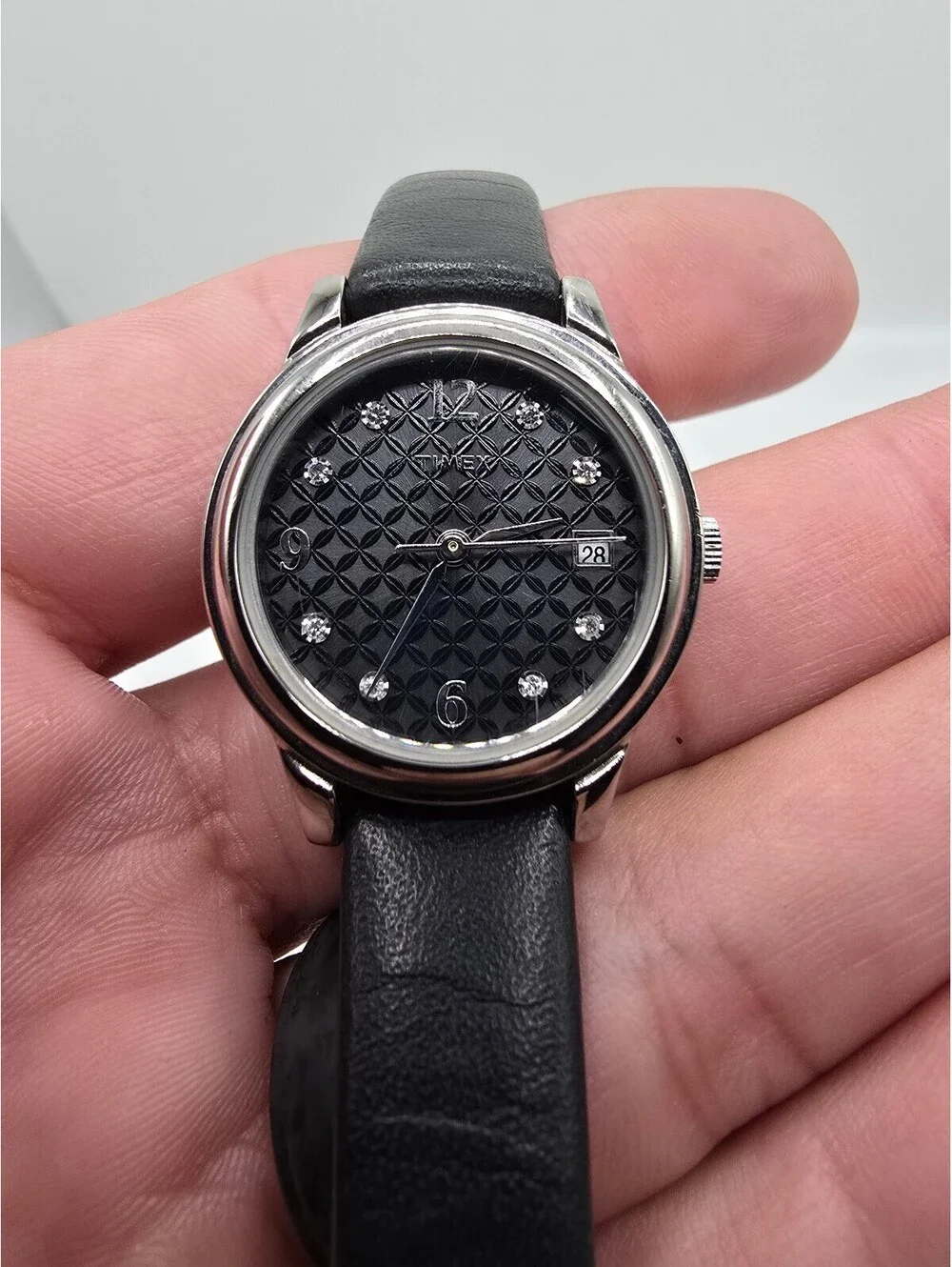 Timex Women’s Quartz Analog Watch Black Dial Date Silver Steel Black Leather